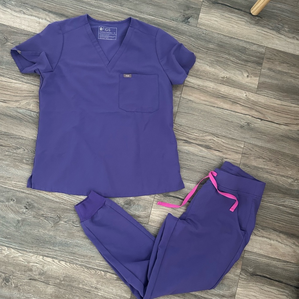 Figs Purple Scrub Top and Jogger Set with Pink Drawstring